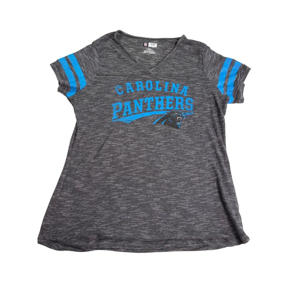 Carolina Panthers NFL womens gray stripe blue graphic V neck T shirt. Size M